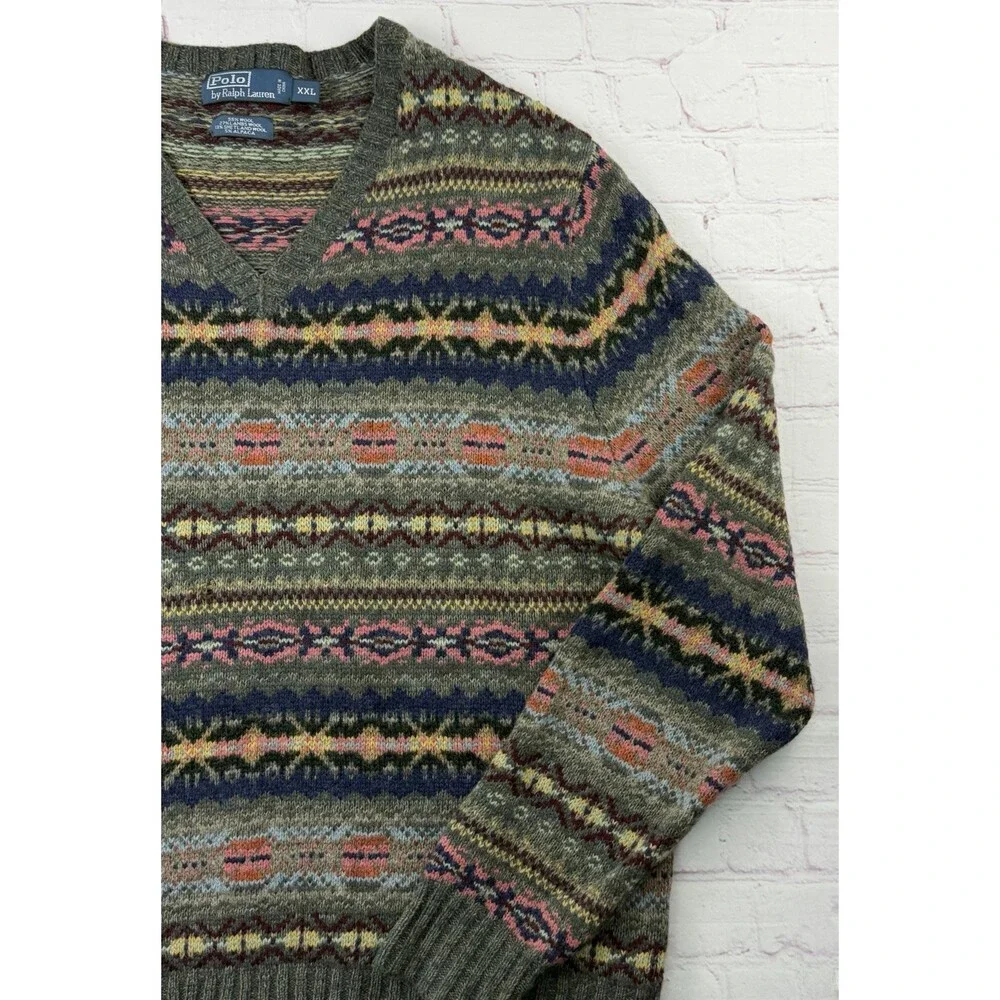 Polo Ralph Lauren Sz XXL Vintage Fair Isle Nordic Wool Knit V-Neck Sweater